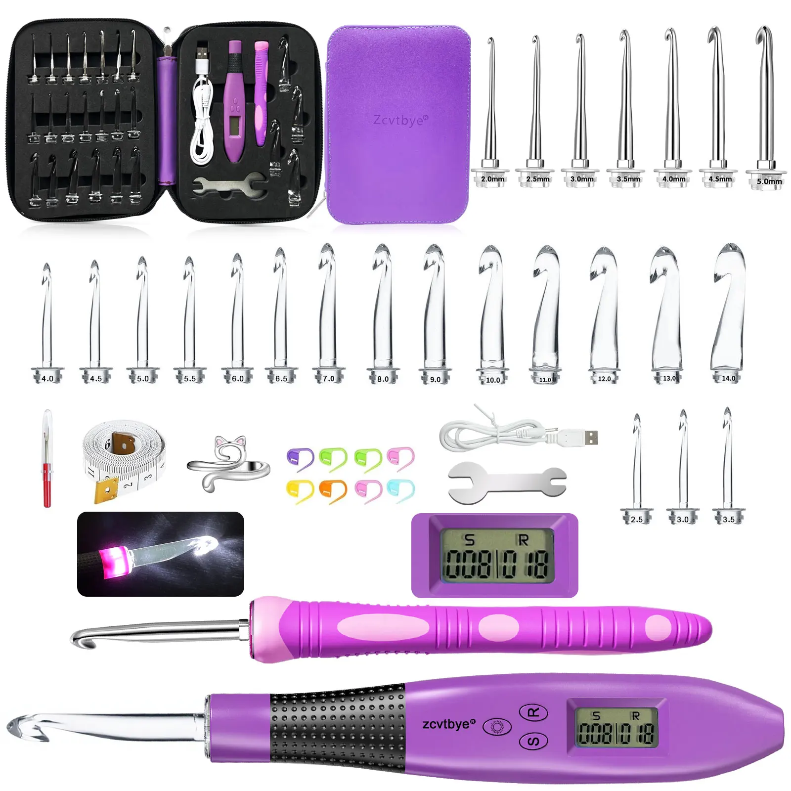 S8559dad0ea7b4780800c5903213fa2fez.webp 24pcs Crochet Hook Set with Counter LED Light & Stitch Ergonomic knitting needle Sewing Tools Set DIY Weaving Sweater Tool - Image 1