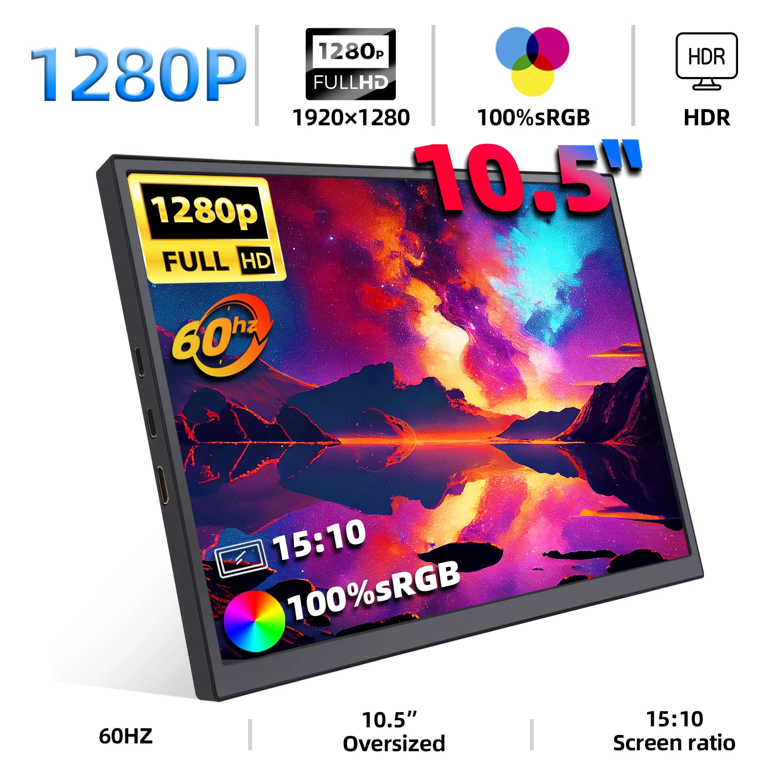 Se6765a8ce12e4cb9b9c140d40443e68b9.webp ZSUS 10.5-Inch Portable Monitor 1280P 100%sRGB 15:10 Low Blue Light For XBox PS4 / 5 Switch Cell Phone PC Loptop Extension - Image 1